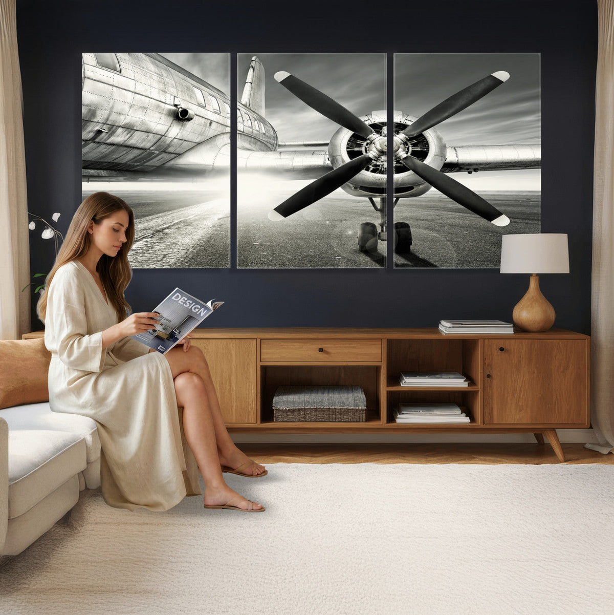 Vintage Airplane Wall Art Canvas Print, Black and White