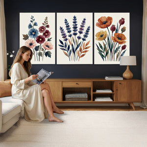 Watercolor Botanical Canvas Wall Art Set, Navy Terracotta