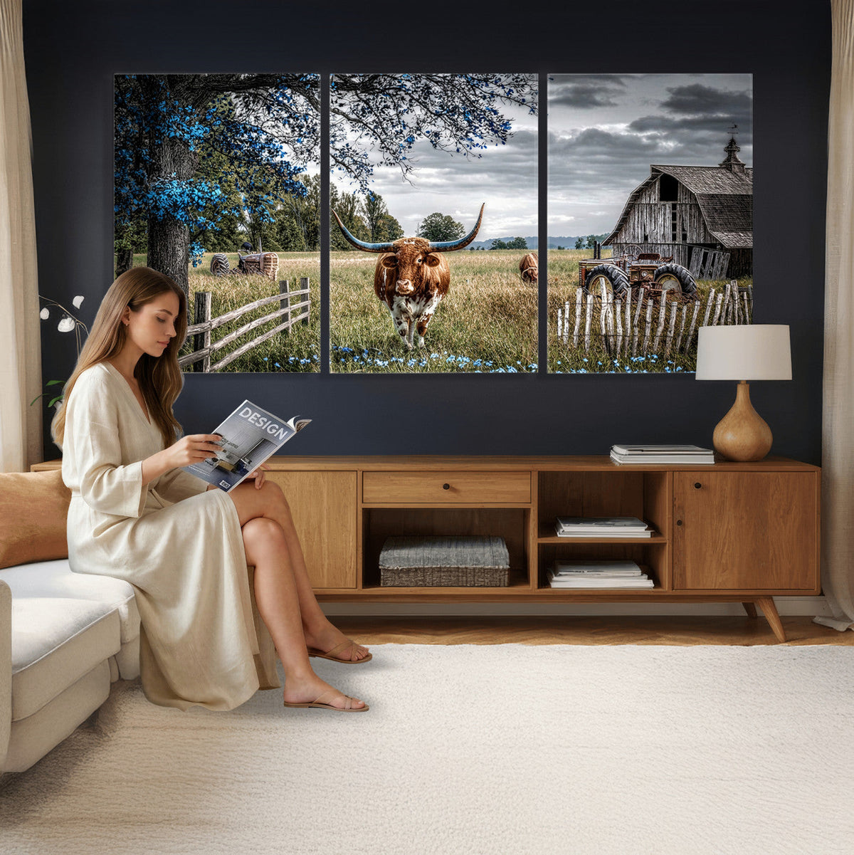 Texas Longhorn Canvas Wall Art, Rustic Farm Barn Bluebonnet