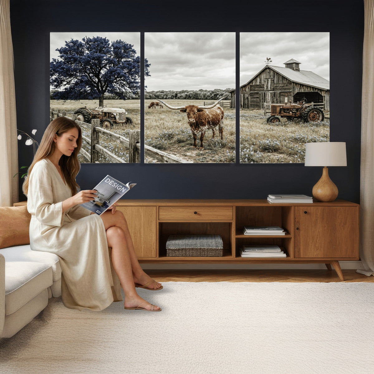 Texas Longhorn Canvas Wall Art, Rustic Farm Barn Bluebonnet
