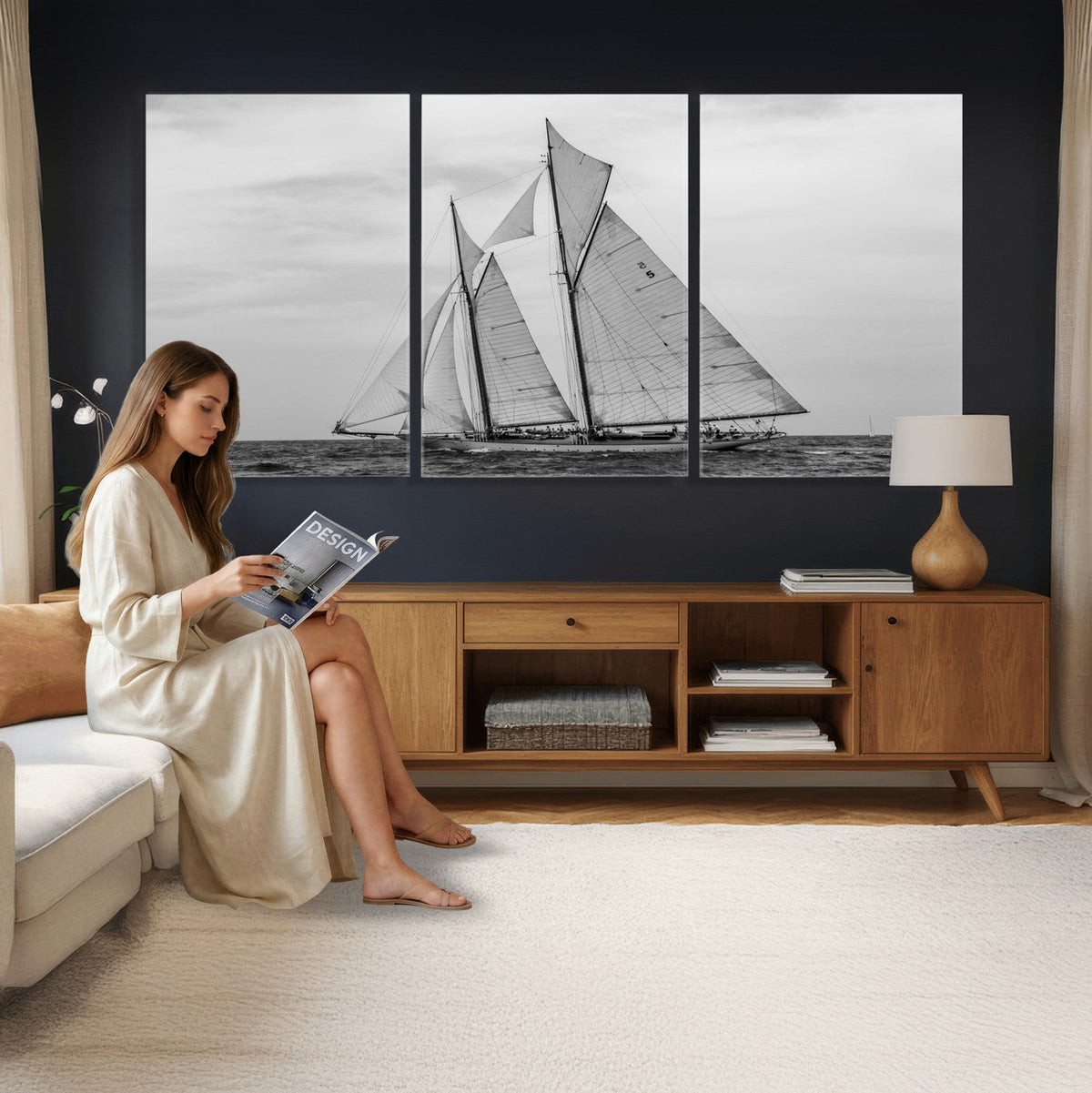 Vintage Sailboat Wall Art Canvas Print, Black and White