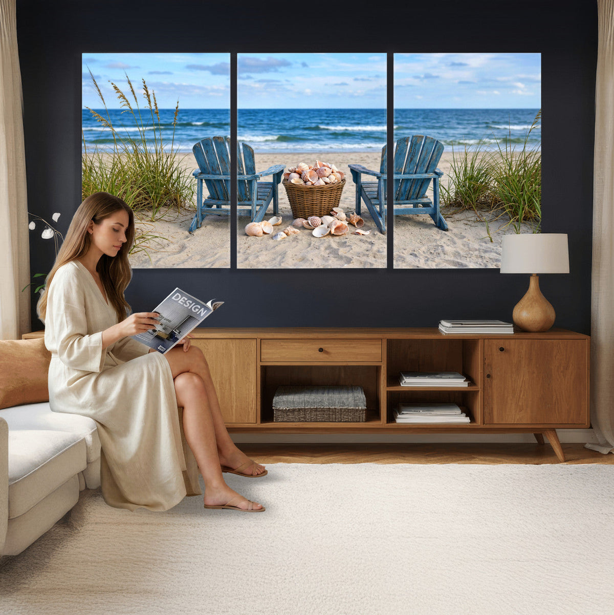 Large Beach Canvas Wall Art Coastal Adirondack Chairs Ocean