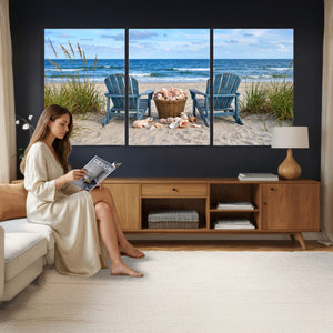 Large Beach Canvas Wall Art Coastal Adirondack Chairs Ocean