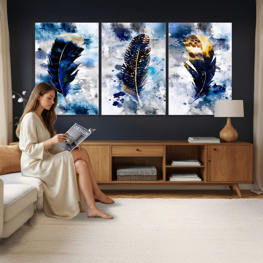 Feather Canvas Wall Art Navy Blue Gold Watercolor Abstract