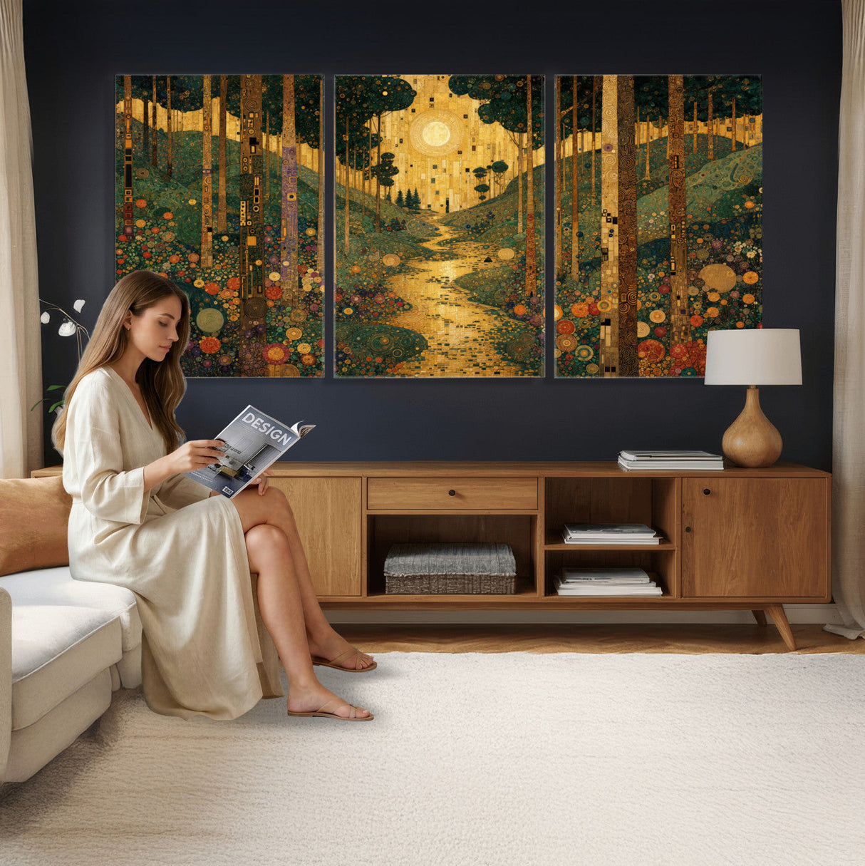 Gustav Klimt Style Forest Canvas Wall Art, Golden Forest Path Floral Art Nouveau Print, Enchanted Woodland Decor