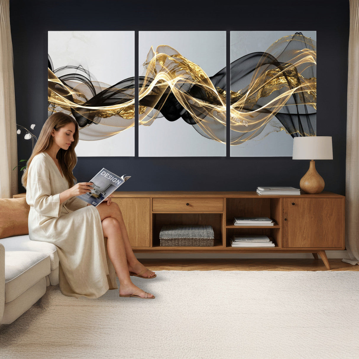 Black and Gold Abstract Wall Art, Modern Wave Canvas Print, Elegant Flowing Smoke Art, Luxury Living Room Decor