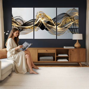 Black and Gold Abstract Wall Art, Modern Wave Canvas Print, Elegant Flowing Smoke Art, Luxury Living Room Decor