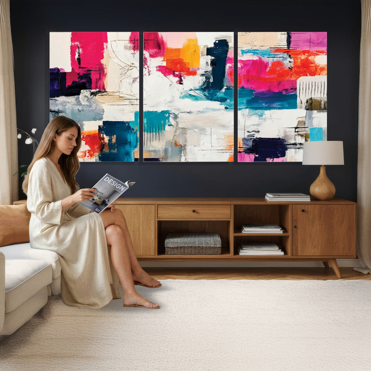 Blue Teal Abstract Canvas Wall Art, Modern Textured Painting Print, Navy Orange White Contemporary Art, Neutral Living Room Decor, Office Art