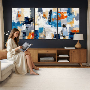 Blue Teal Abstract Canvas Wall Art, Modern Textured Painting Print, Navy Orange White Contemporary Art, Neutral Living Room Decor, Office Art