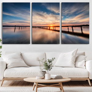 Wooden Pier on Seascape and Sunset Wall Art Canvas Print