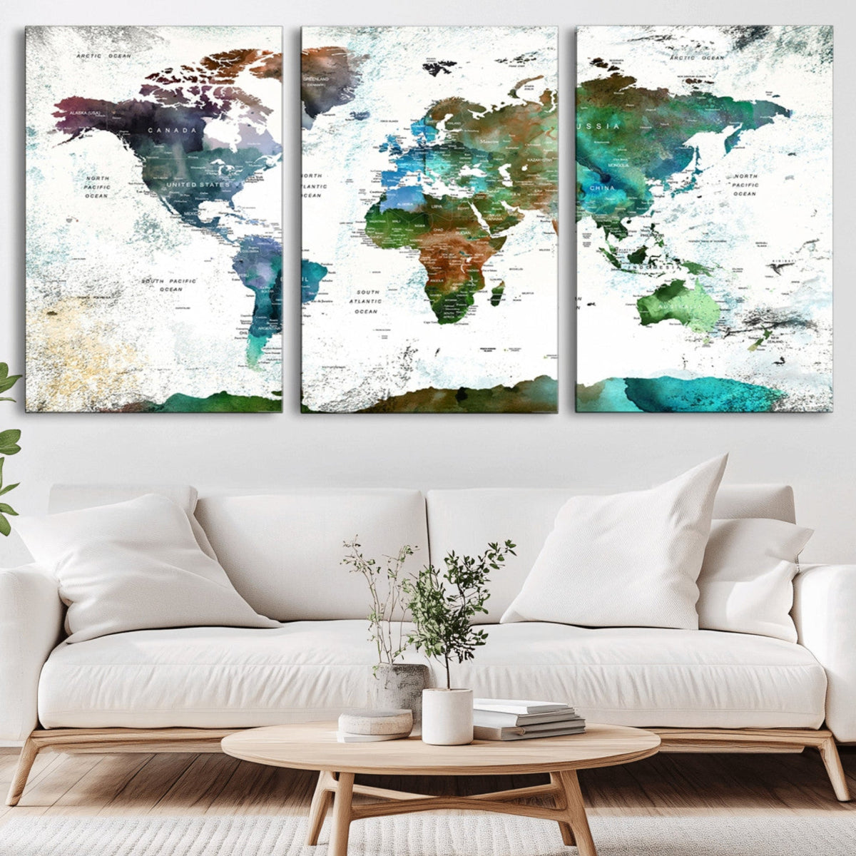 Modern Watercolor World Map Canvas Wall Art – Framed