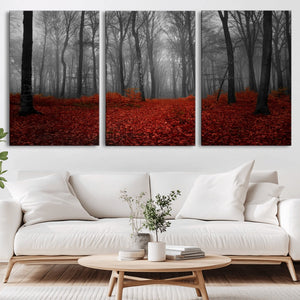 Red Forest Floor Canvas Wall Art – Mystical Foggy Woodland