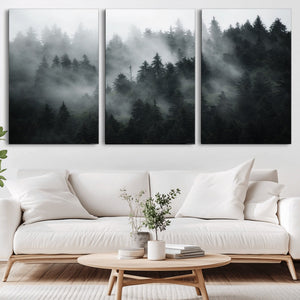 Foggy Forest Wall Art Canvas Print | 3 Panel Large Misty