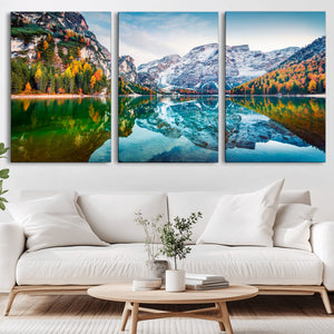 Spectacular autumn view of Braies Lake Wall Art Canvas Print