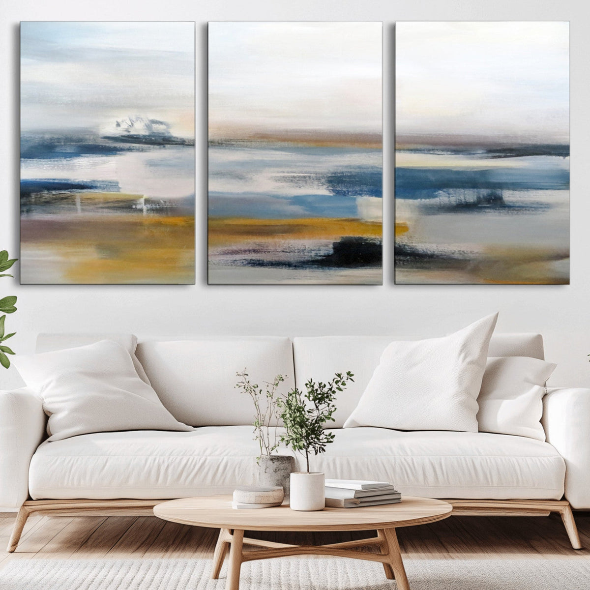 Abstract Landscape Wall Art Canvas | 3 Panel Modern Blue,