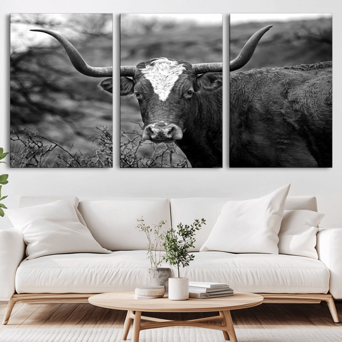 Western Home Wall Art Canvas Print, Framed Texas Longhorn
