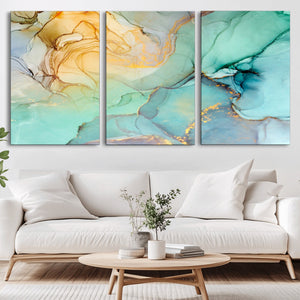 Abstract Aqua and Gold Fluid Wall Art Canvas | 3 Panel Large