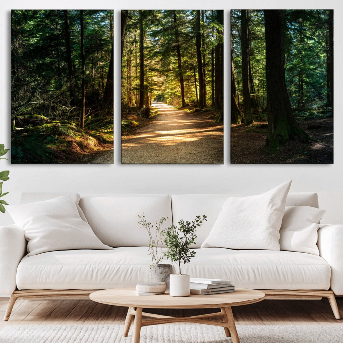 Sunlit Forest Pathway Canvas Print | 3 Panel Large Nature