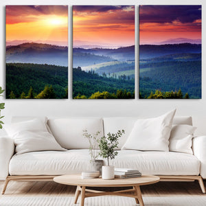 Beautiful Sunset over Hills Forest Landscape Canvas Wall Art