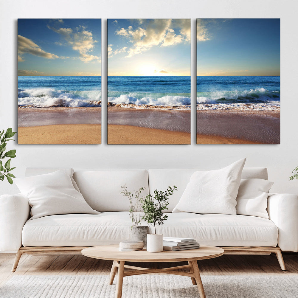 Serene Ocean Sunset Canvas Wall Art - Beach Waves at Sunset,