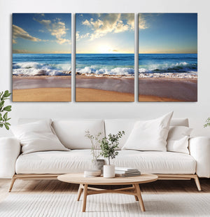 Serene Ocean Sunset Canvas Wall Art - Beach Waves at Sunset,