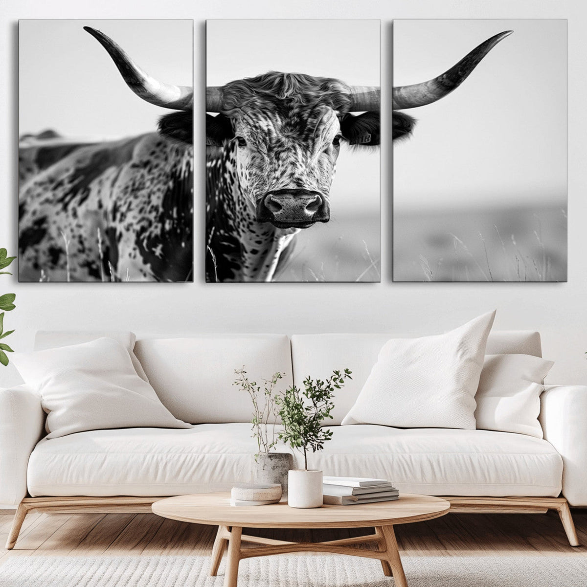 Texas Highland Cow Longhorn Canvas Print - Rustic Farmhouse
