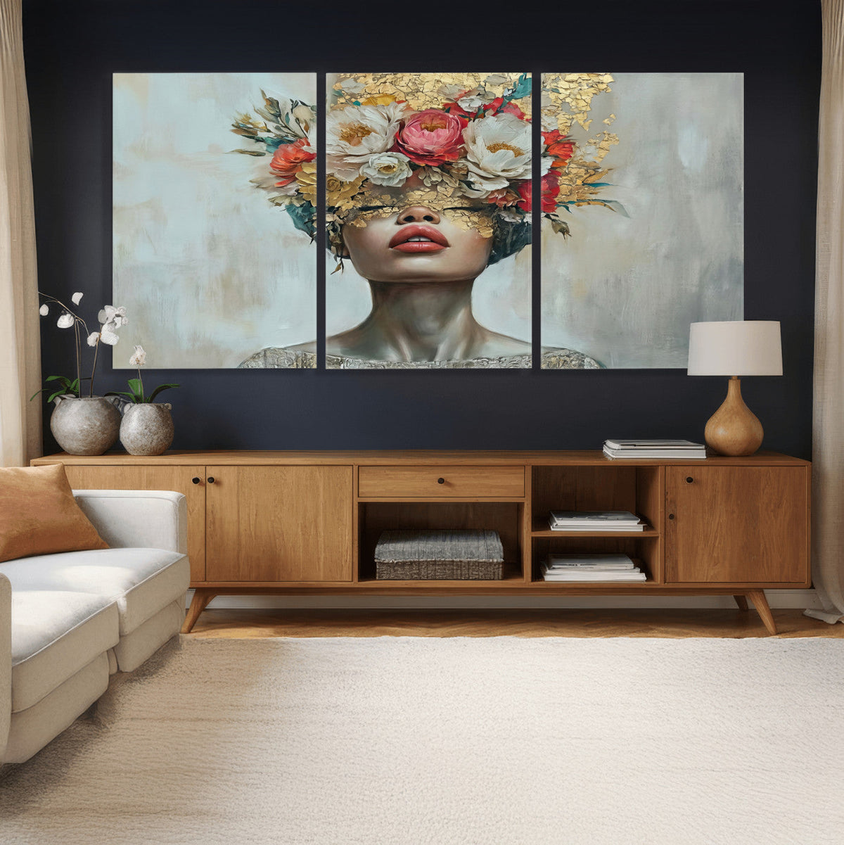 Golden Petal Wall Art Canvas Print - Silhouette Woman Wall