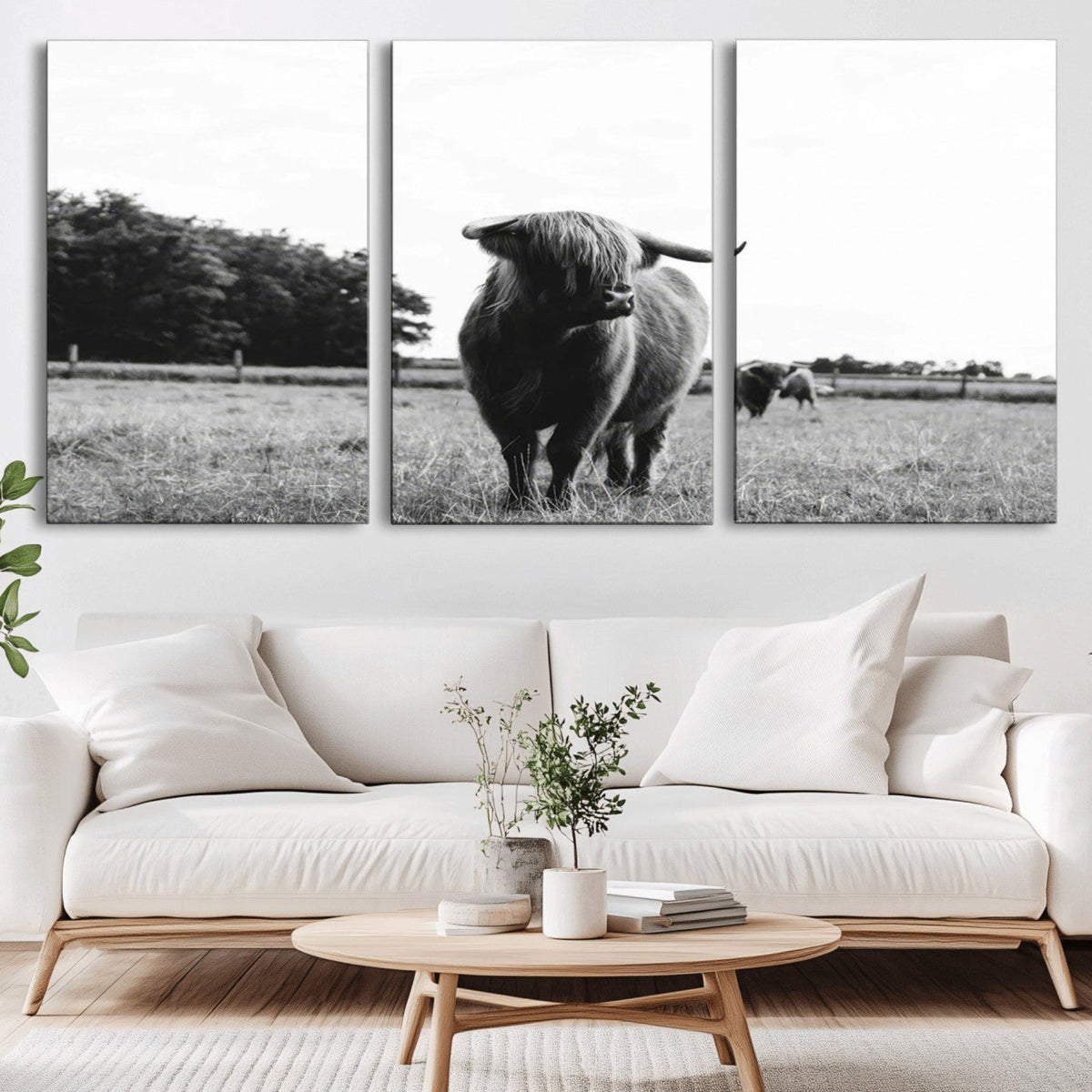 Black and White Highland Cow Wall Art Canvas Print | Rustic
