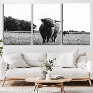 Black and White Highland Cow Wall Art Canvas Print | Rustic