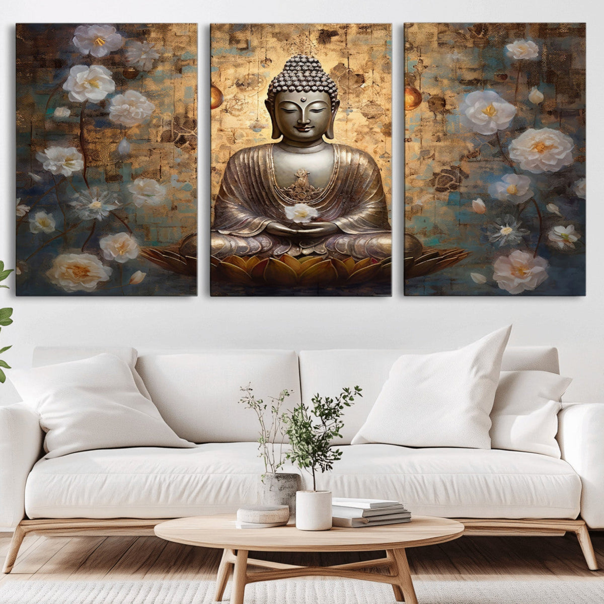 Golden Buddha Wall Art Canvas Print | Zen Meditation Floral