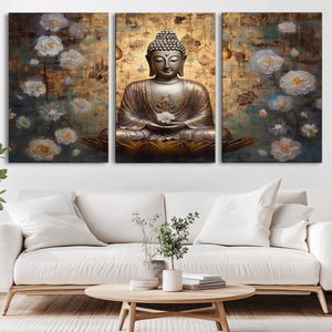 Golden Buddha Wall Art Canvas Print | Zen Meditation Floral