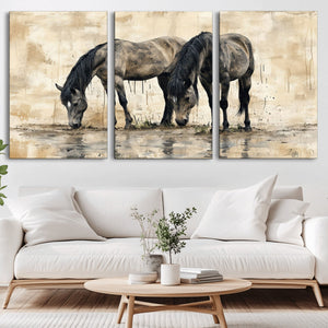 Chinese Style Abstract Black Horses Wall Art Canvas Print -