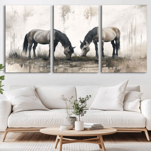 Chines Ink Style Vintage Horses Wall Art Canvas Print for