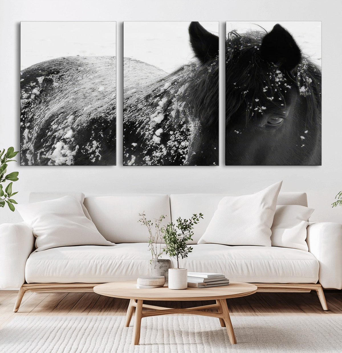 Black Horse in Snow Canvas Print | Winter Horse Wall Art |