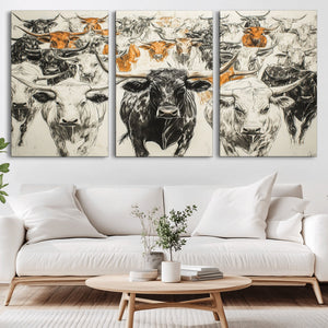 Farmhouse Wall Art | Western Longhorn Cattle Canvas Print |