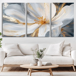 White and Gold Floral Canvas Wall Art - Framed and Ready to