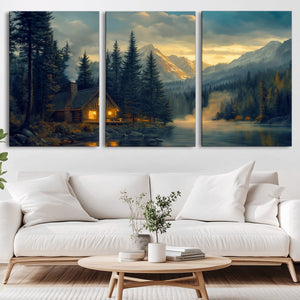 Mountain Cabin by the Lake at Sunset Wall Art - Serene