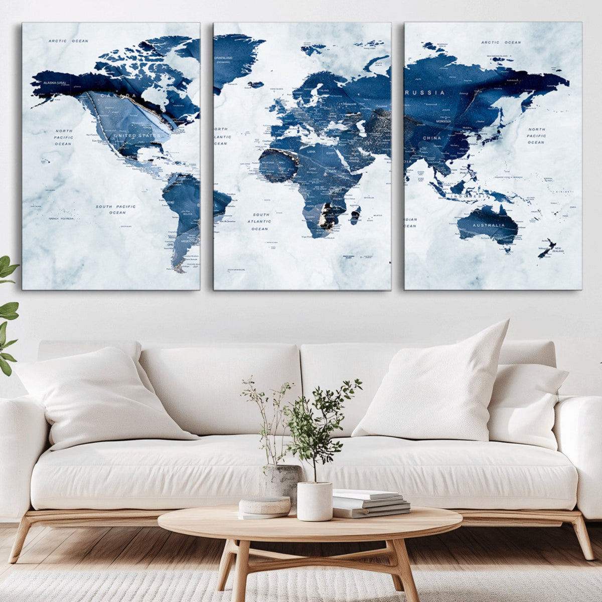 Modern Blue World Map Canvas Print – Framed Wall Art,