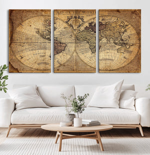 Vintage World Map Wall Art Canvas – Antique Style Push Pin