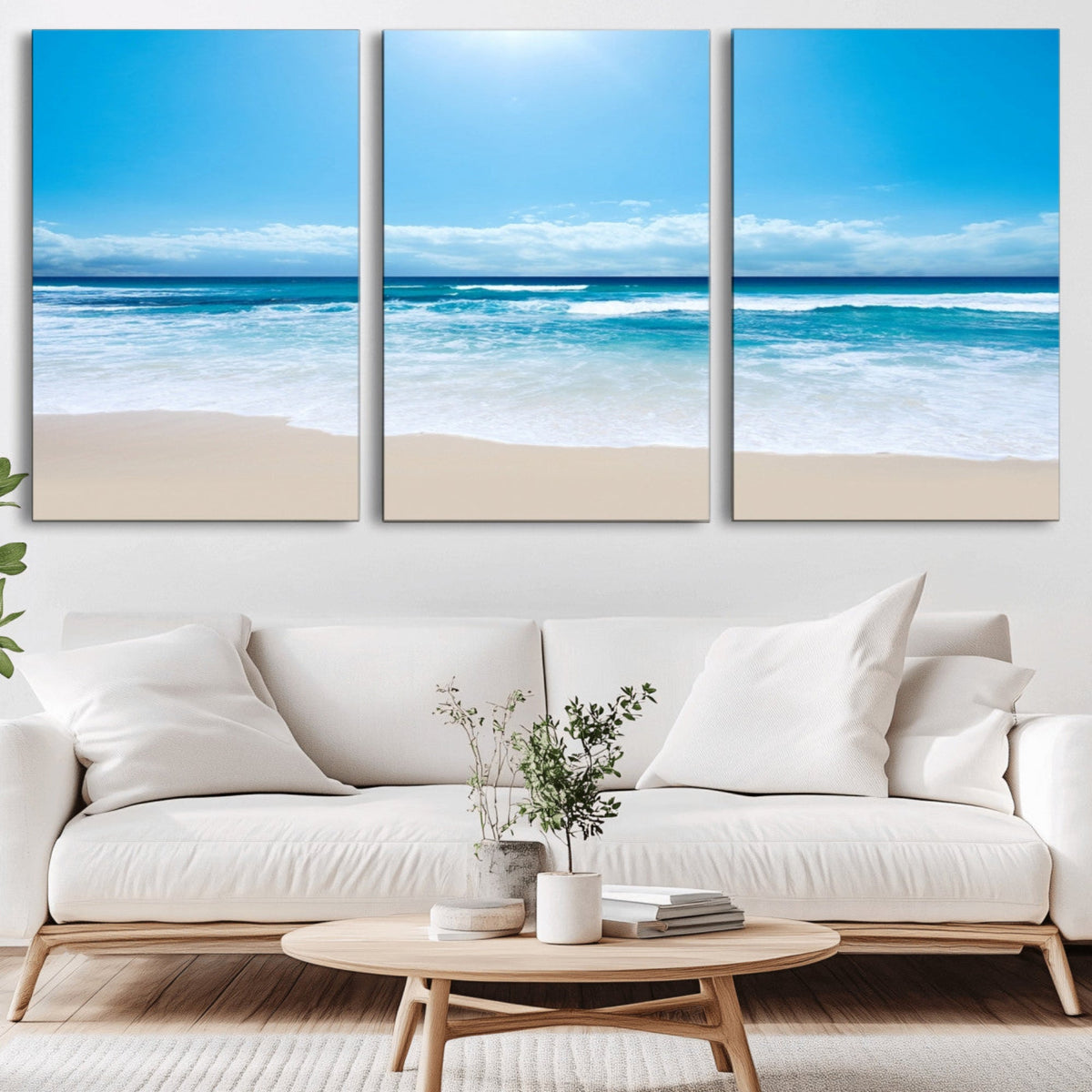 Wall Art Canvas Print Shiny Blue Sea and Beach