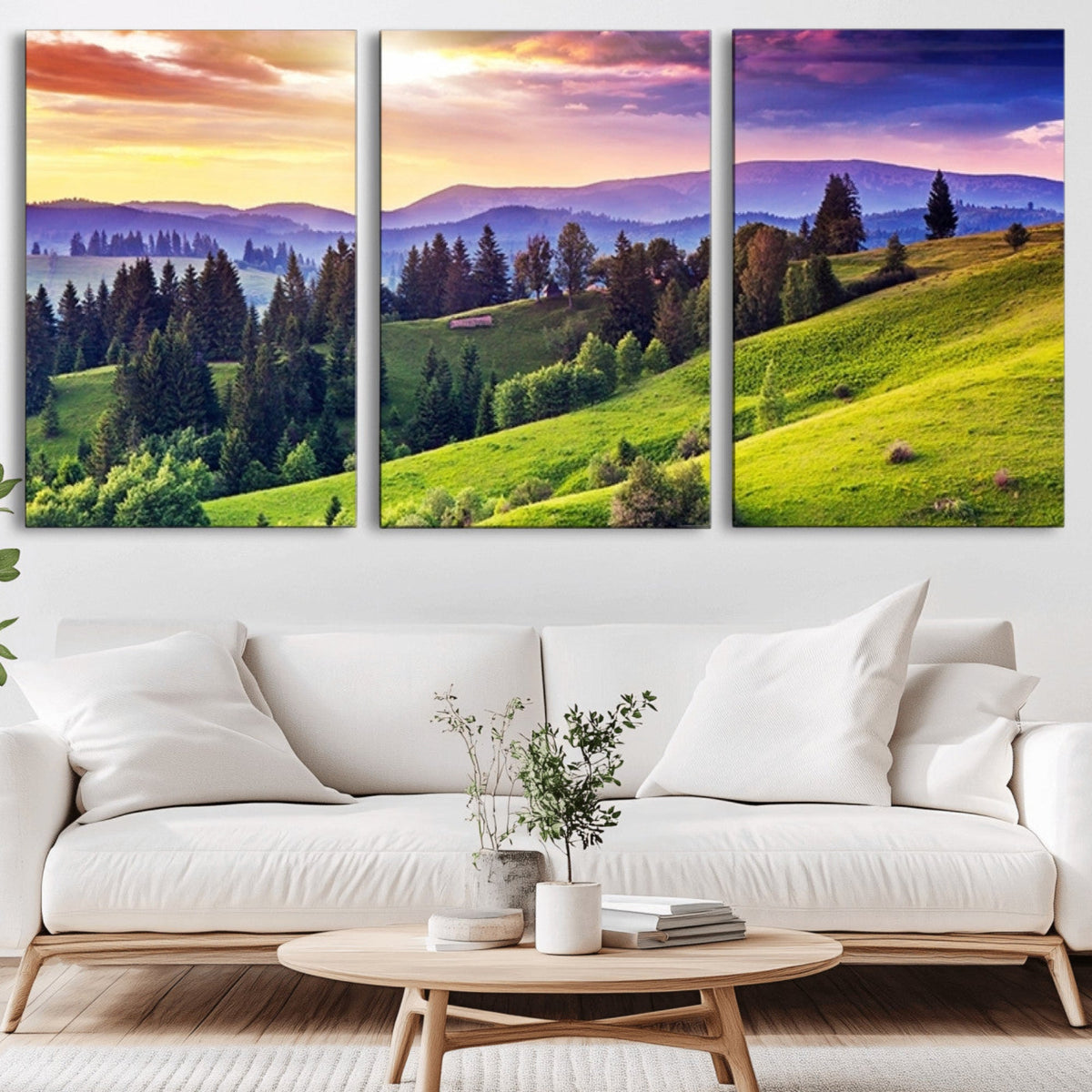Green Hills and Sunset Wall Art Print - Scenic Landscape