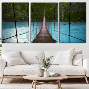 Suspension Bridge Over River Canvas Art | 3-Panel Nature