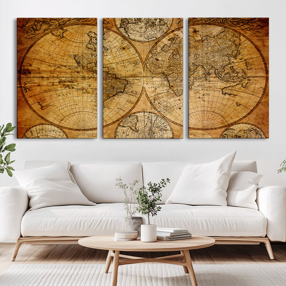 Vintage World Map Canvas Print – Antique Push Pin Travel