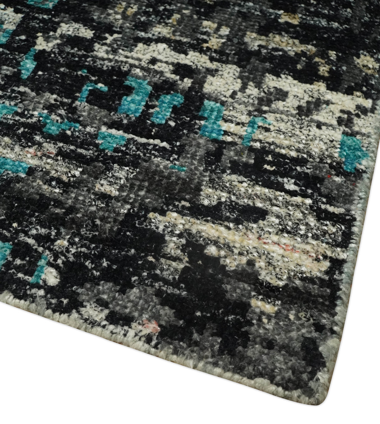 5x8 Hand Knotted Charcoal, Ivory and Blue Modern Abstract  Recycled Silk Area Rug