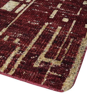 4x6 Hand Knotted Beige and Maroon Modern Abstract  Recycled Silk Area Rug