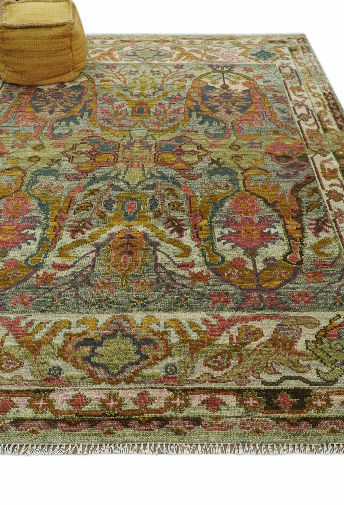 Ready to Ship Transitional Green, Silver and Gold Hand Knotted Wool rug