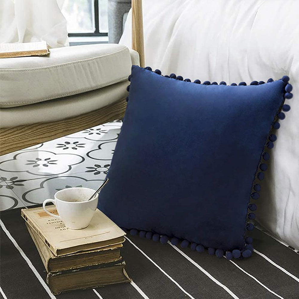 20''x20'' Velvet Pom-Pom Throw Pillow | 7 Colors – Soft & Playful Ball Trim Design | Fun Couch & Bedroom Accent | Insert Included