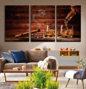 Whiskey and Cigar Wall Art Canvas | 3 Panel Bar Room Decor