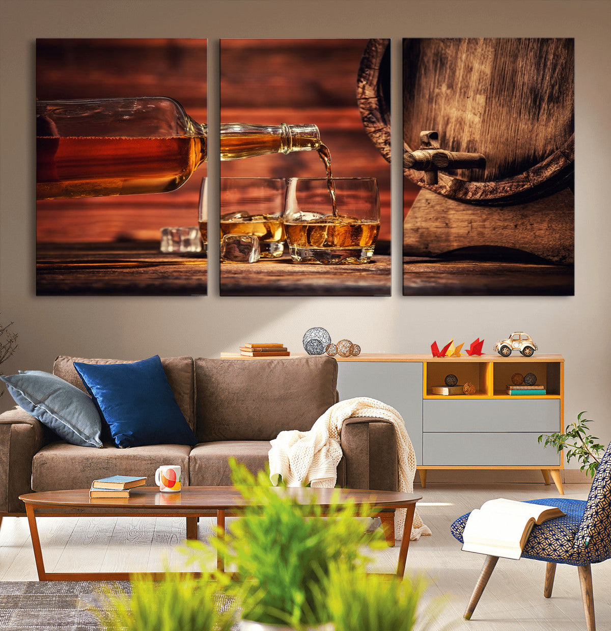 Whiskey and Cigar Canvas Wall Art | 3 Panel Bar Room Decor