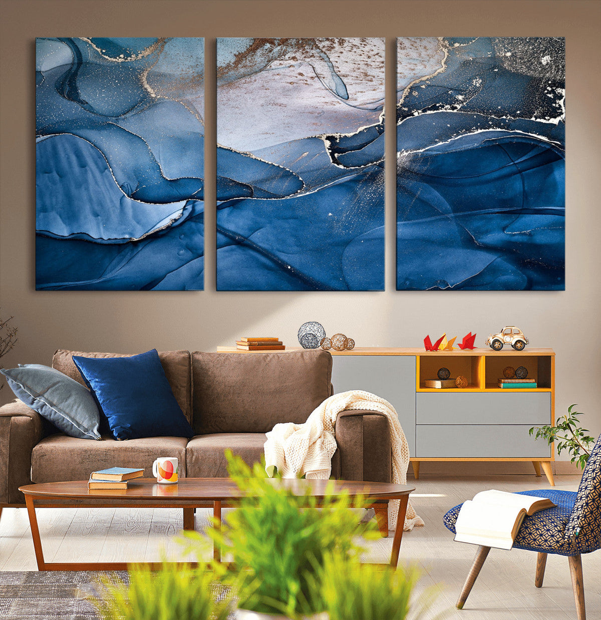 Navy Blue Canvas Art Abstract Print – Elegant Triptych